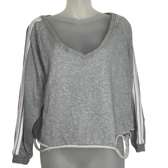 Generation Love Tops - Generation Love grey distressed V neck sweatshirt with white varsity stripes